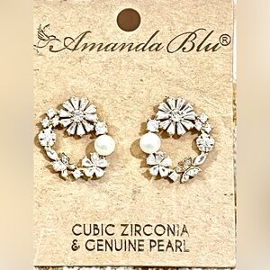 NWT Silver Cubic Zirconia & Genuine Pearl Earrings by Amanda Blu
